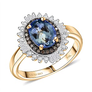 Luxoro AAA Peacock Tanzanite, Natural Champagne and White Diamond I2 2.15 ctw Sunburst Ring in 10K Yellow Gold (Size 6.0)