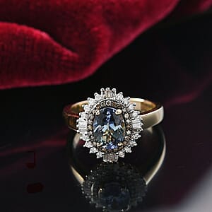 Luxoro AAA Peacock Tanzanite, Natural Champagne and White Diamond I2 2.15 ctw Sunburst Ring in 10K Yellow Gold (Size 6.0)