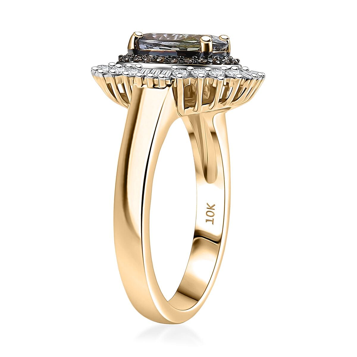 Luxoro AAA Peacock Tanzanite, Natural Champagne and White Diamond I2 2.15 ctw Sunburst Ring in 10K Yellow Gold (Size 7.0) image number 3