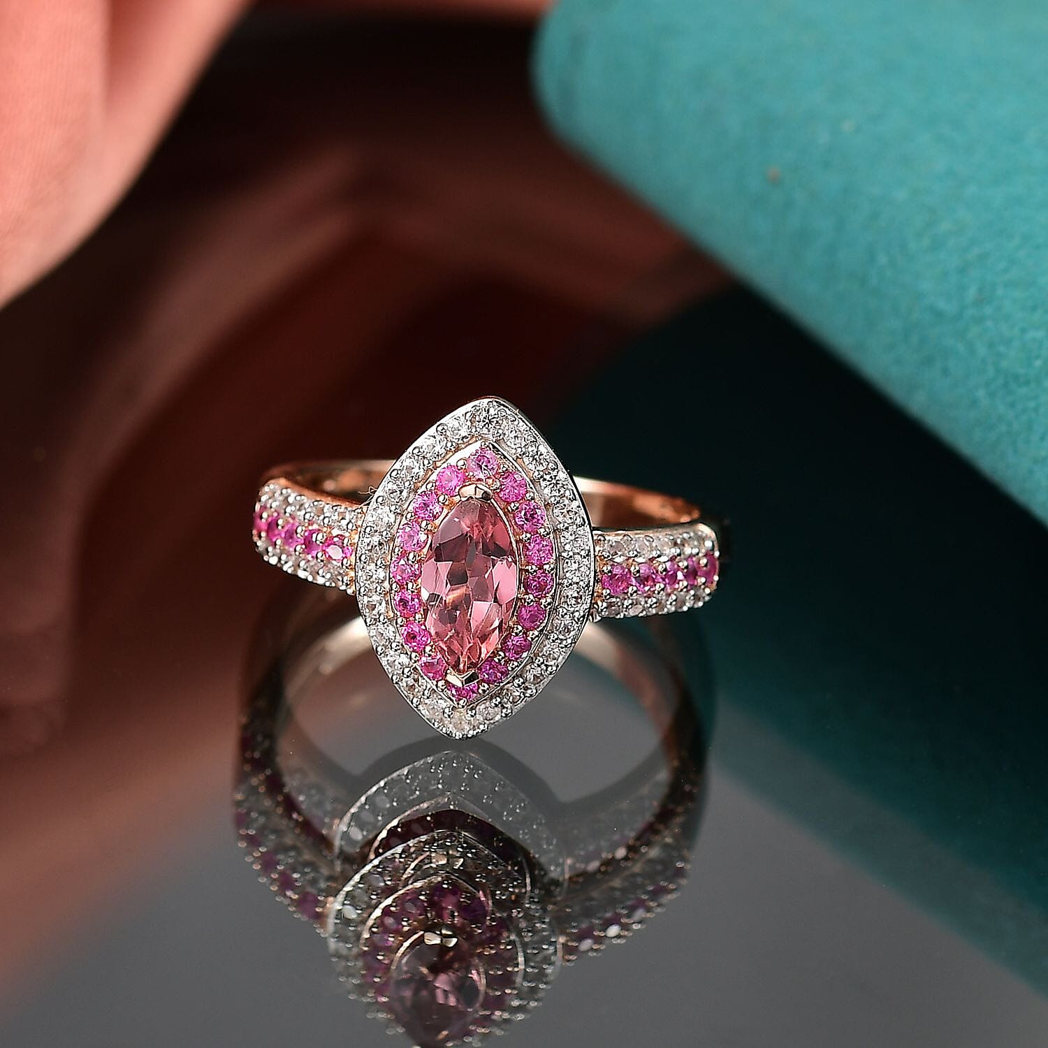 D'Joy Blush Tourmaline and Multi Gemstone 1.40 ctw Rose Majesty Ring in 18K Vermeil Rose Gold Over Sterling Silver (Size 10.0)