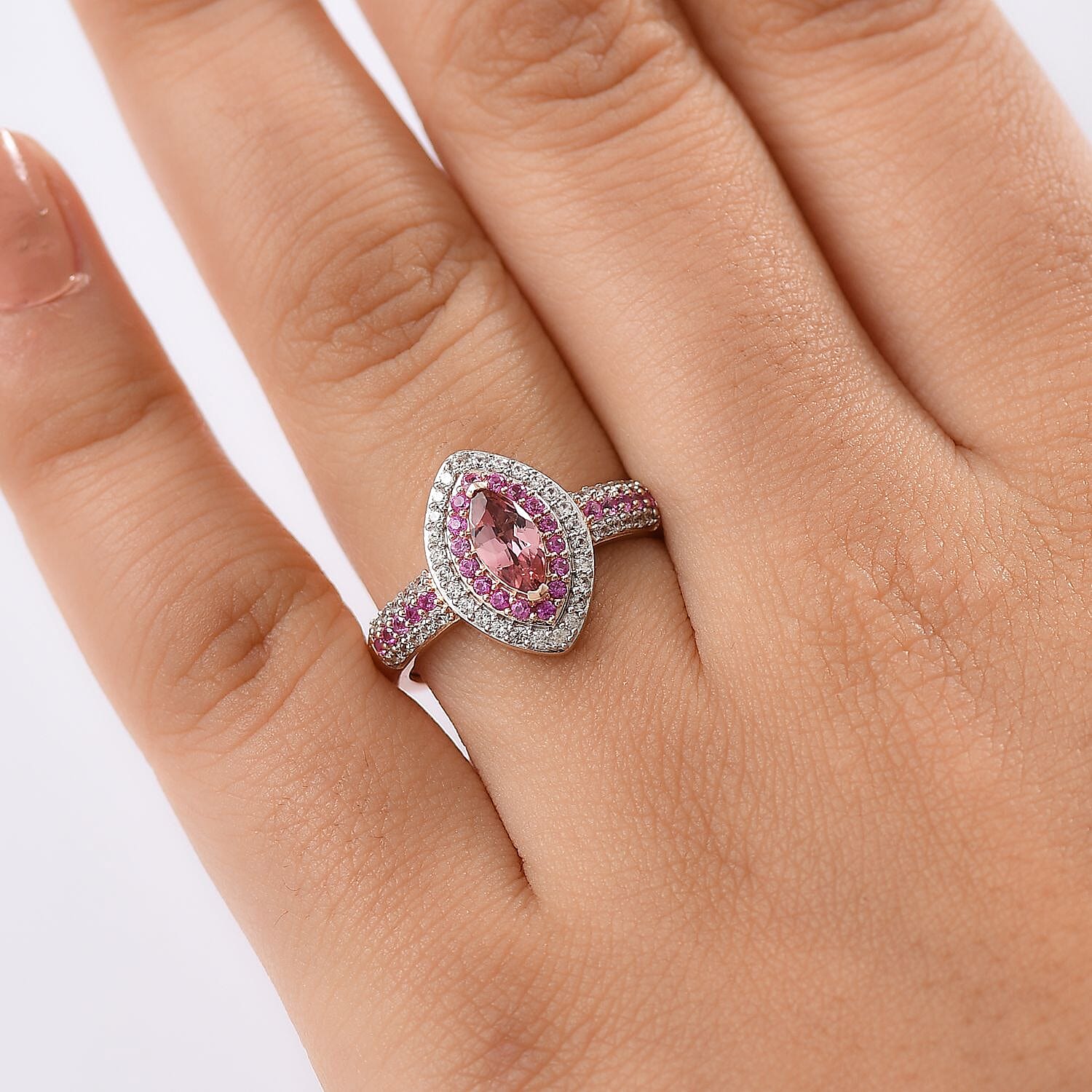 D'Joy Blush Tourmaline and Multi Gemstone 1.40 ctw Rose Majesty Ring in 18K Vermeil Rose Gold Over Sterling Silver (Size 10.0)