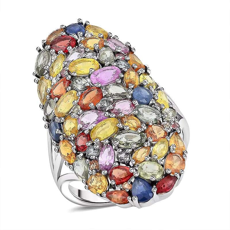 D'Joy Multi Sapphire and Moissanite 9.60 ctw Crown of Colors Ring in Rhodium Over Sterling Silver (Size 10.0)