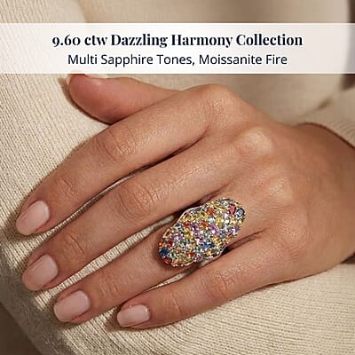 D'Joy Multi Sapphire and Moissanite 9.60 ctw Crown of Colors Ring in Rhodium Over Sterling Silver (Size 10.0)