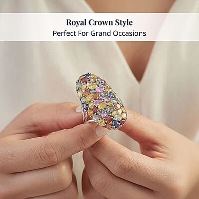 D'Joy Multi Sapphire and Moissanite 9.60 ctw Crown of Colors Ring in Rhodium Over Sterling Silver (Size 10.0)