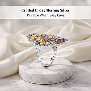D'Joy Multi Sapphire and Moissanite 9.60 ctw Crown of Colors Ring in Rhodium Over Sterling Silver (Size 6.0)