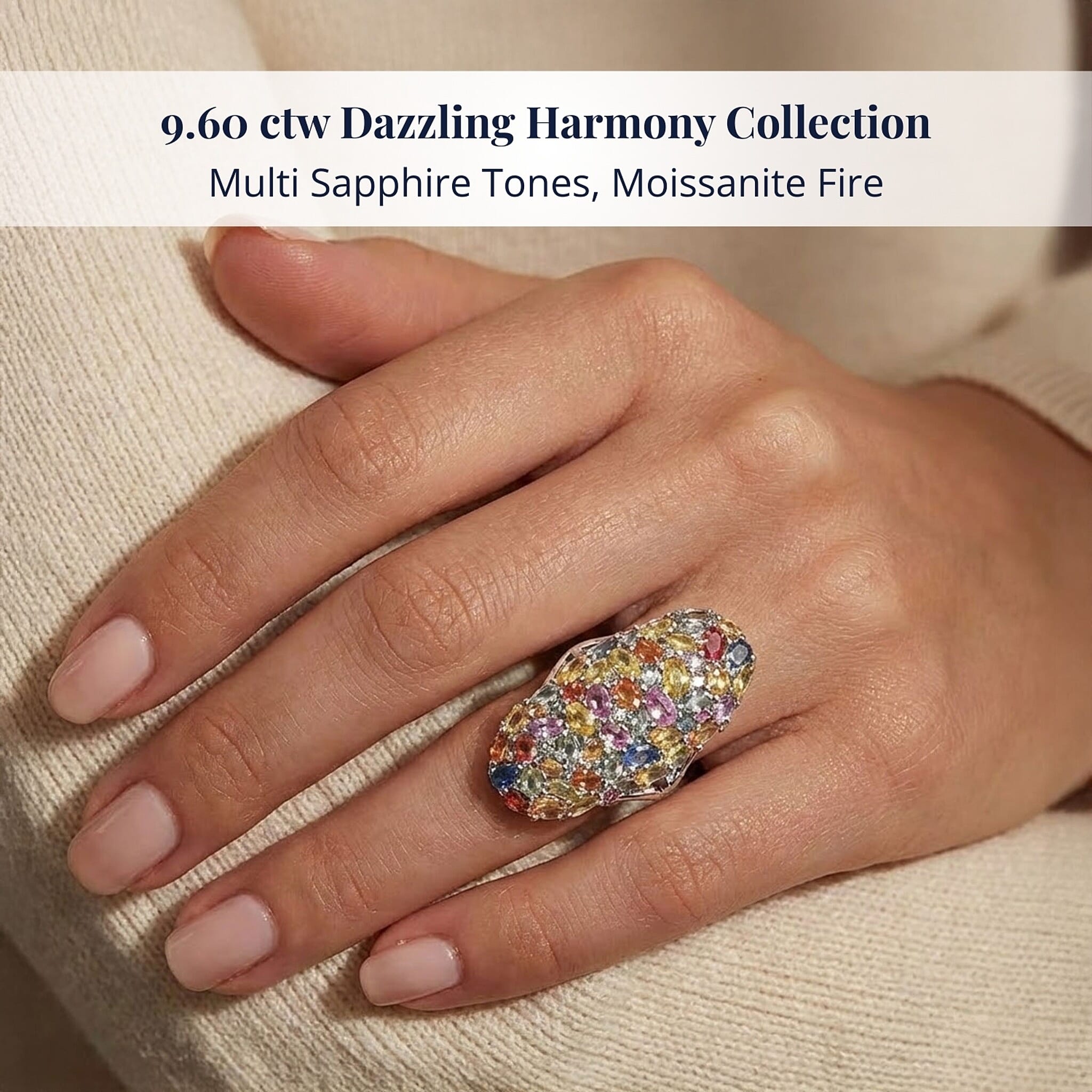 D'Joy Multi Sapphire, Moissanite Ring in Rhodium Over Sterling Silver (Size 6.0) 9.60 ctw