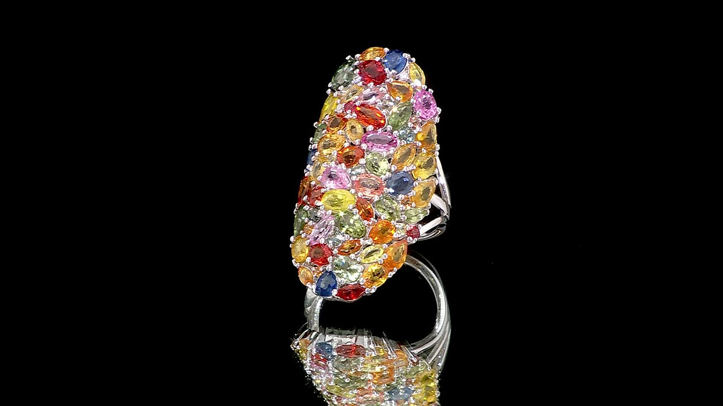 D'Joy Multi Sapphire, Moissanite Ring in Rhodium Over Sterling Silver (Size 6.0) 9.60 ctw