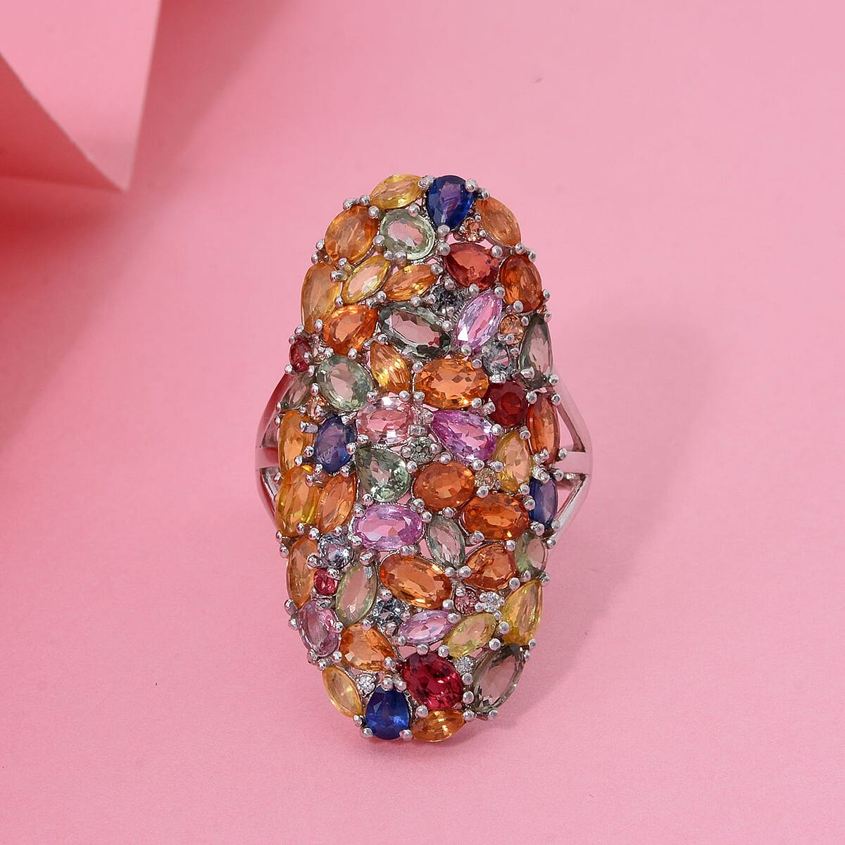 D'Joy Multi Sapphire and Moissanite 9.60 ctw Crown of Colors Ring in Rhodium Over Sterling Silver (Size 8.0) image number 1