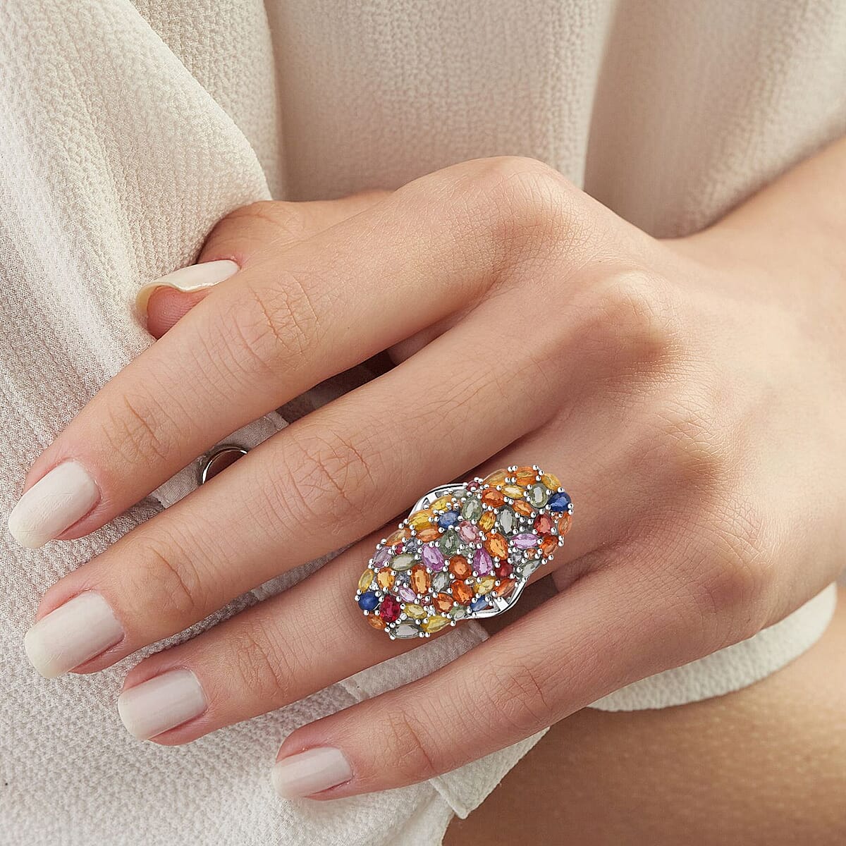 D'Joy Multi Sapphire and Moissanite 9.60 ctw Crown of Colors Ring in Rhodium Over Sterling Silver (Size 8.0) image number 2