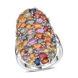 D'Joy Multi Sapphire and Moissanite 9.60 ctw Crown of Colors Ring in Rhodium Over Sterling Silver (Size 9.0)