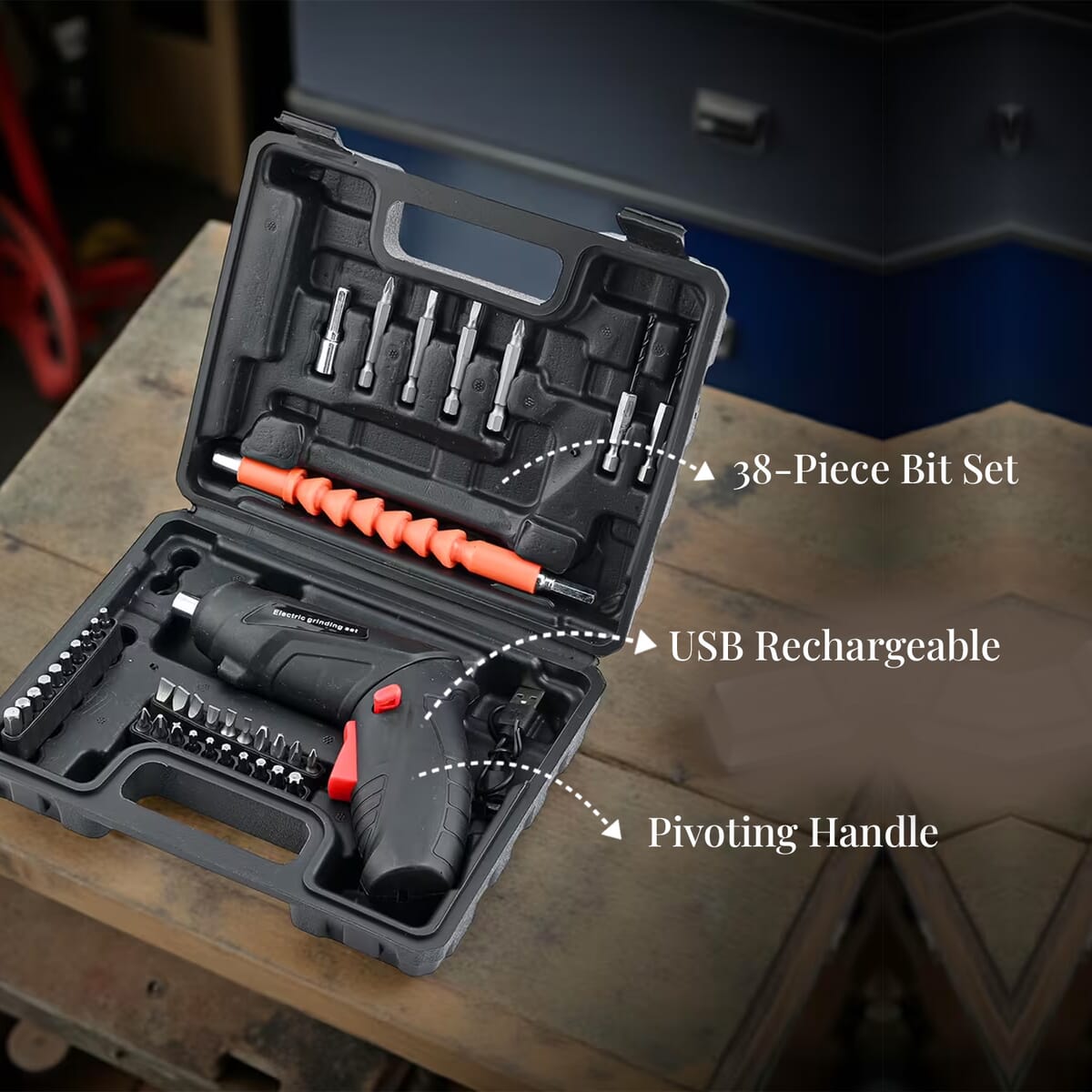 Rechargeable Electric Screwdriver Kit with 38pcs Bits, Pivoting Handle image number 2