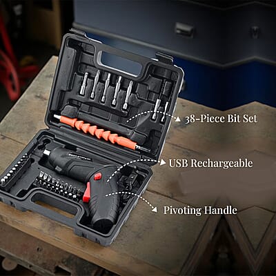 Rechargeable Electric Screwdriver Kit with 38pcs Bits, Pivoting Handle