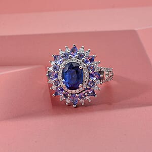 D'Joy Kashmir Kyanite and Multi Gemstone 5.00 ctw Fire Bloom Ring in Rhodium Over Sterling Silver (Size 6.0)
