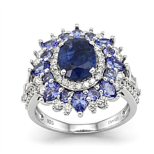 D'Joy Kashmir Kyanite and Multi Gemstone 5.00 ctw Fire Bloom Ring in Rhodium Over Sterling Silver (Size 9.0)
