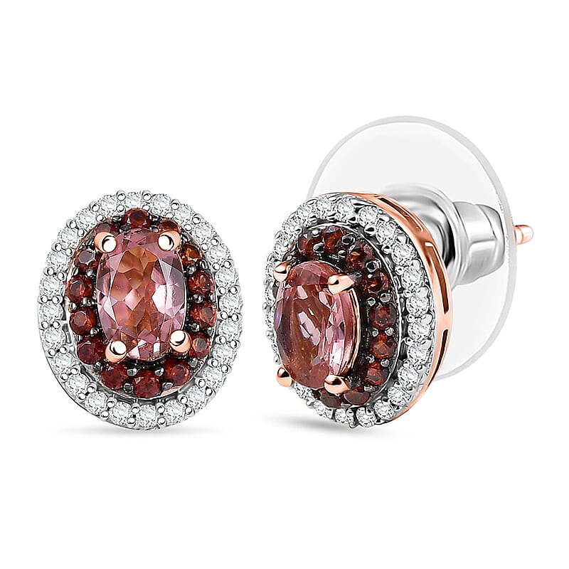 D'Joy Premium Blush Tourmaline, White and Chocolate Zircon 1.75 ctw Gilded Bloom Earrings in 18K Vermeil Rose Gold Over Sterling Silver