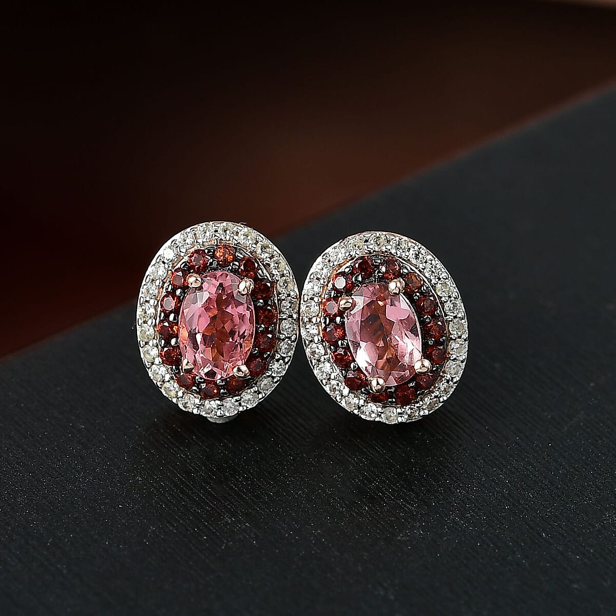 D'Joy Premium Blush Tourmaline, White and Chocolate Zircon 1.75 ctw Gilded Bloom Earrings in 18K Vermeil Rose Gold Over Sterling Silver image number 1