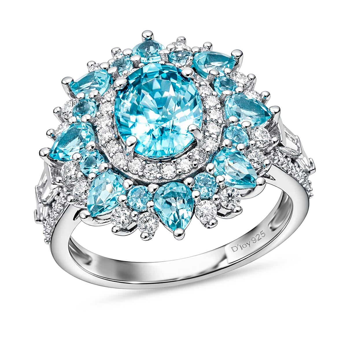 D'Joy Cambodian Blue Zircon and Multi Gemstone 5.60 ctw Fire Bloom Ring in Rhodium Over Sterling Silver (Size 10.0) image number 0