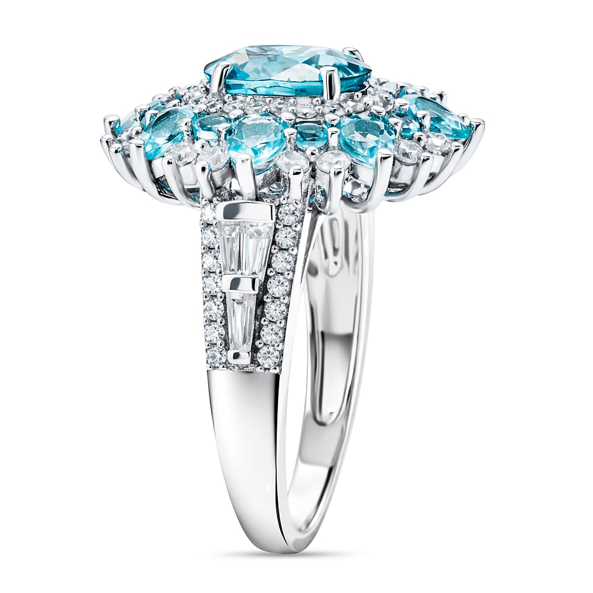 D'Joy Cambodian Blue Zircon and Multi Gemstone 5.60 ctw Fire Bloom Ring in Rhodium Over Sterling Silver (Size 10.0) image number 3