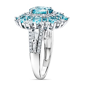 D'Joy Cambodian Blue Zircon and Multi Gemstone 5.60 ctw Fire Bloom Ring in Rhodium Over Sterling Silver (Size 6.0)