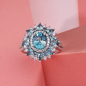 D'Joy Cambodian Blue Zircon and Multi Gemstone 5.60 ctw Fire Bloom Ring in Rhodium Over Sterling Silver (Size 8.0)