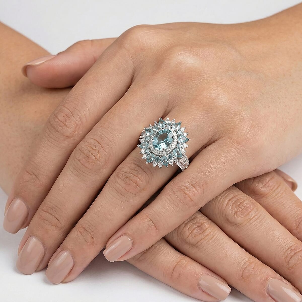 D'Joy Cambodian Blue Zircon and Multi Gemstone 5.60 ctw Fire Bloom Ring in Rhodium Over Sterling Silver (Size 9.0) image number 2