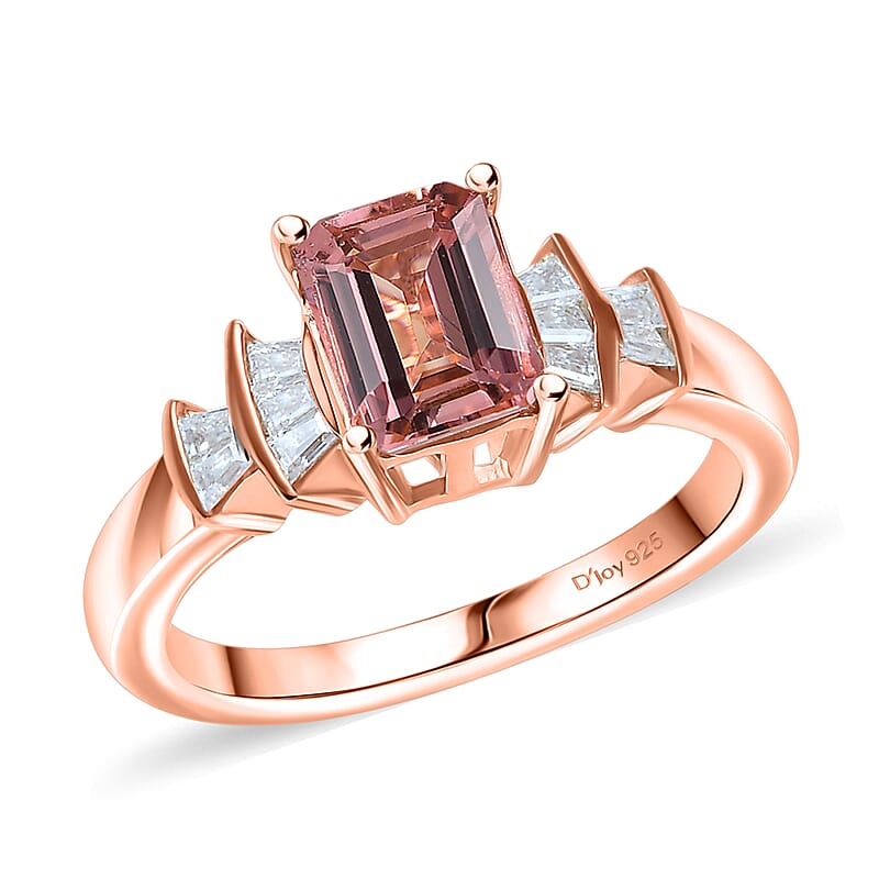 D'Joy Premium Blush Tourmaline and Moissanite 2.15 ctw Blush Deco Ring in 18K Vermeil Rose Gold Over Sterling Silver (Size 6.0)