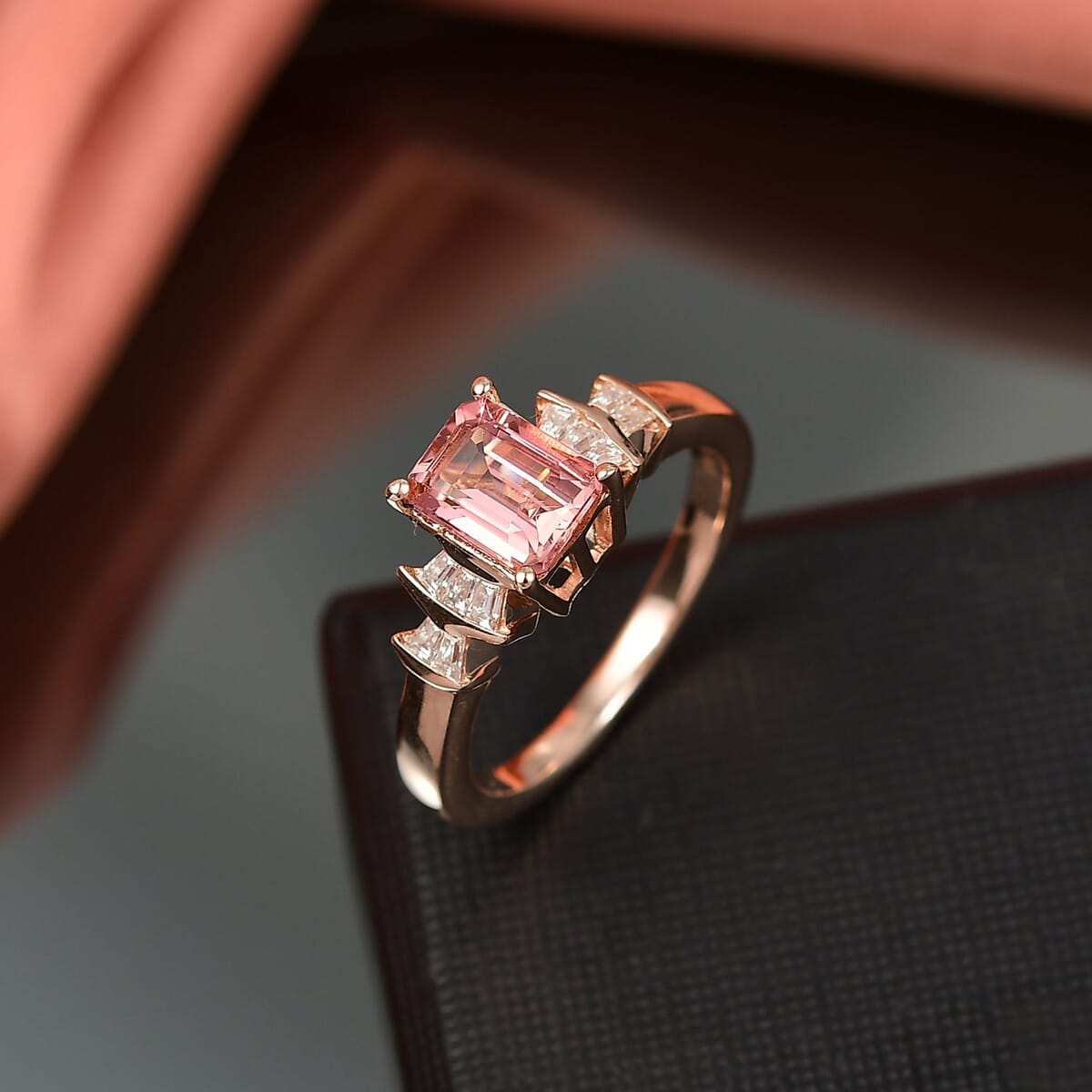D'Joy Premium Blush Tourmaline and Moissanite 2.15 ctw Blush Deco Ring in 18K Vermeil Rose Gold Over Sterling Silver (Size 7.0) image number 1
