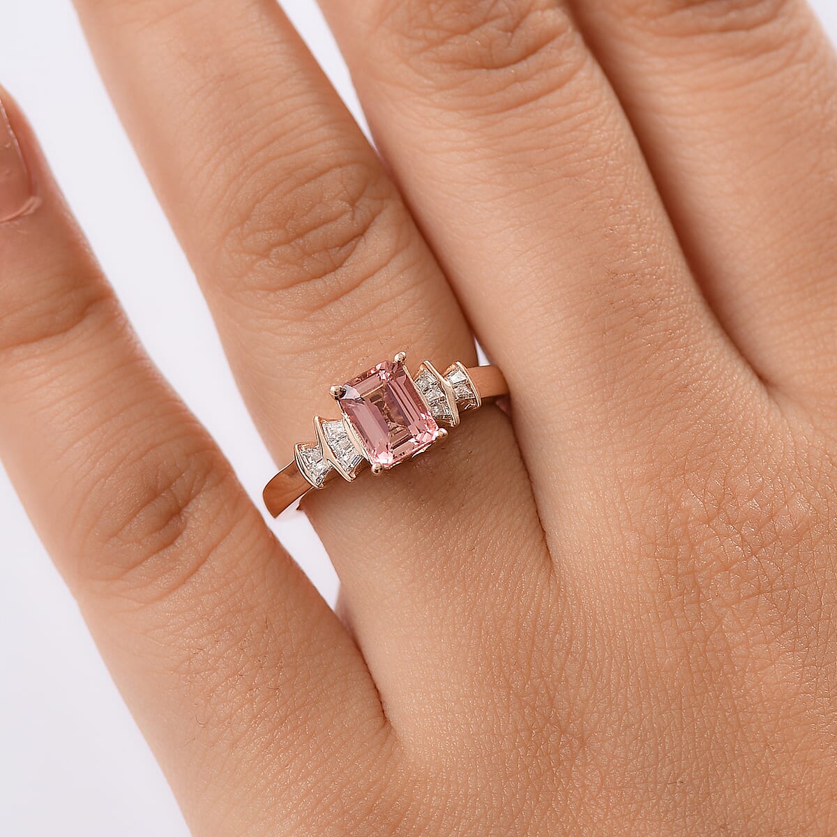 D'Joy Premium Blush Tourmaline and Moissanite 2.15 ctw Blush Deco Ring in 18K Vermeil Rose Gold Over Sterling Silver (Size 8.0) image number 2