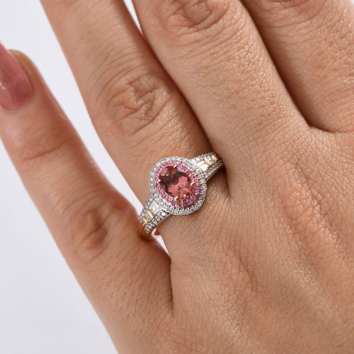 Luxoro 10K Rose Gold AAA Blush Tourmaline, Pink Sapphire, Diamond (I2) (0.30 cts) Ring (Size 10.0) 1.15 ctw image number 2