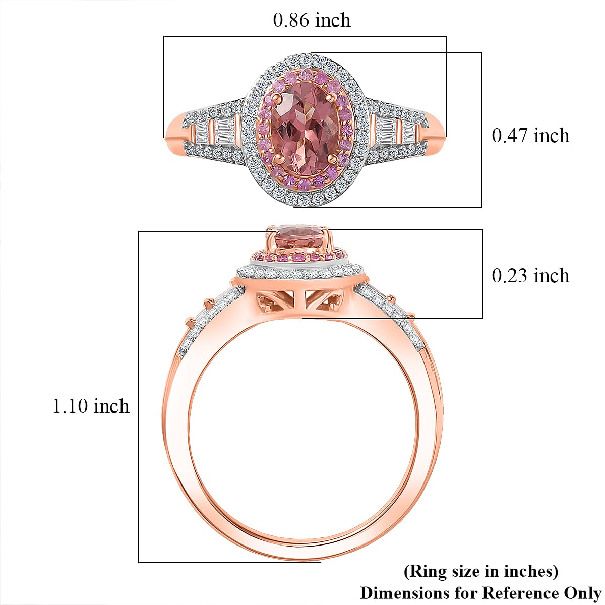 Luxoro AAA Blush Tourmaline, Pink Sapphire and I2 Diamond 1.15 ctw Blush Majesty Ring in 10K Rose Gold (Size 9.0) image number 5