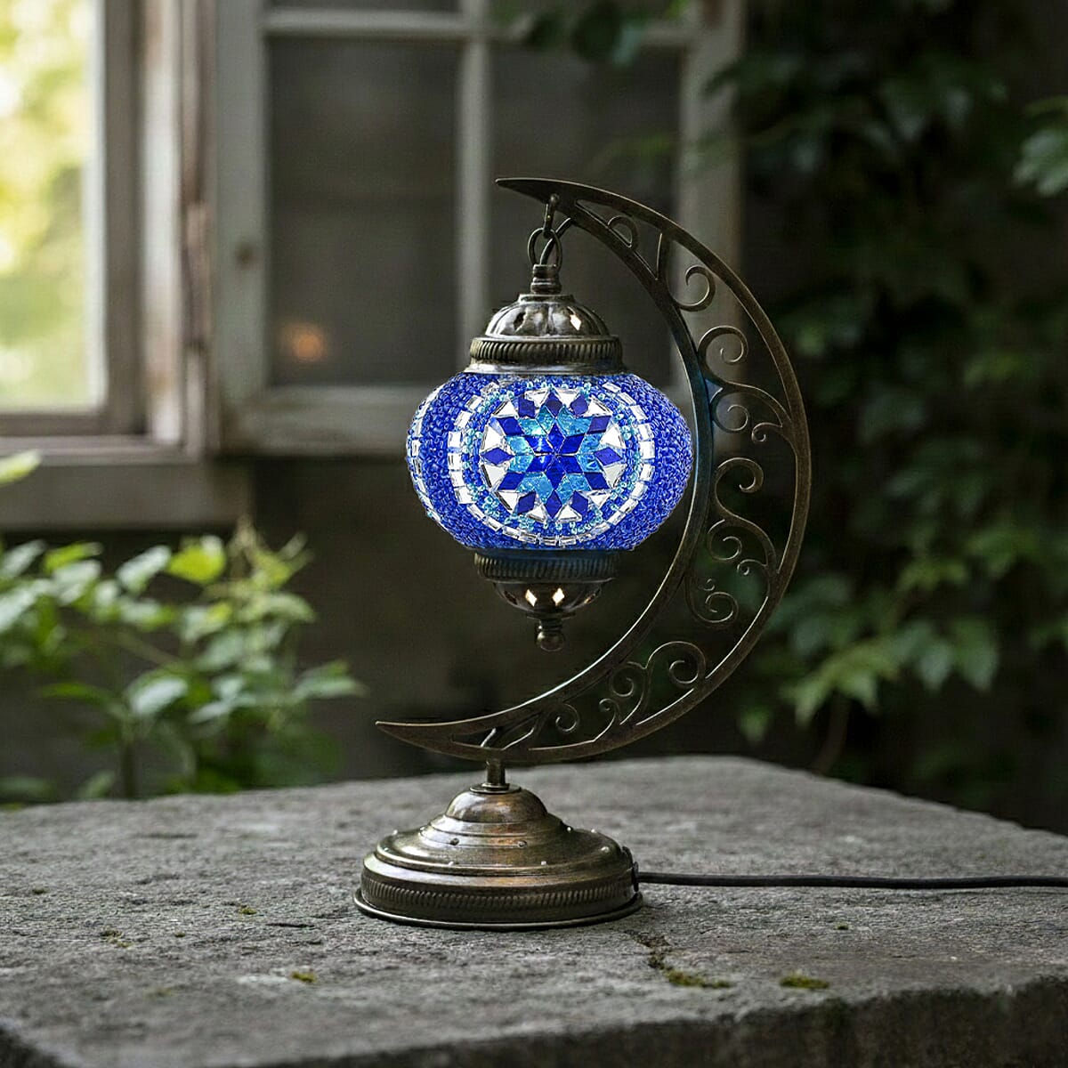 Mega Day Deal Doorbuster Blue Glass Crescent Turkish Lamp image number 1