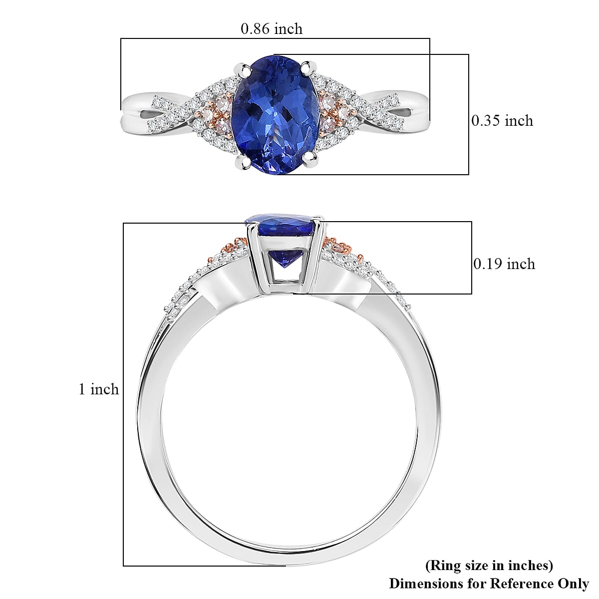 D'Joy Tanzanite, Natural Pink and White Diamond Infinity Ring in 18K Vermeil RG and Rhodium Over Sterling Silver 1.35 ctw (Size 10.0)