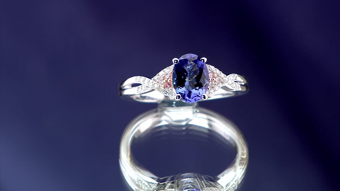 D’Joy Tanzanite, Natural Pink and White Diamond Ring in 18K Vermeil RG and Rhodium Over Sterling Silver (Size 10.0) 1.37 ctw