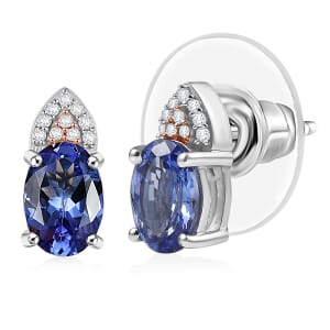 D’Joy Premium Tanzanite, Natural Pink and White Diamond 1.70 ctw Stud Earrings in Rhodium Over Sterling Silver 
