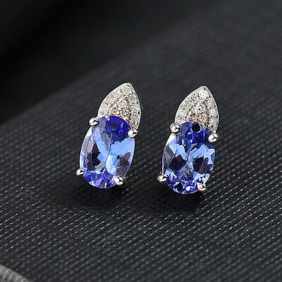 D'Joy Premium Tanzanite, Natural Pink and White Diamond 1.70 ctw Stud Earrings in 18K Vermeil RG and Rhodium Over Sterling Silver 