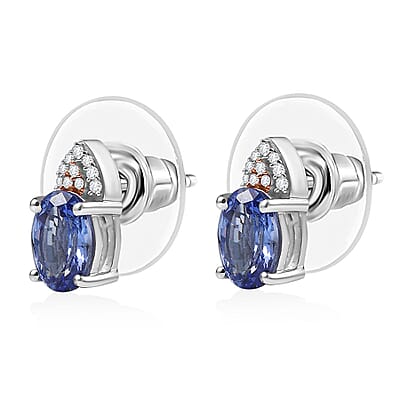 D'Joy Premium Tanzanite, Natural Pink and White Diamond 1.70 ctw Stud Earrings in 18K Vermeil RG and Rhodium Over Sterling Silver 