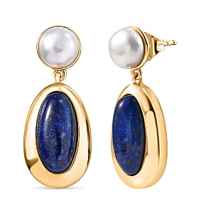 EverTrue Lapis Lazuli and Fresh Water Pearl 8.35 ctw Earrings in 18K YG Plated