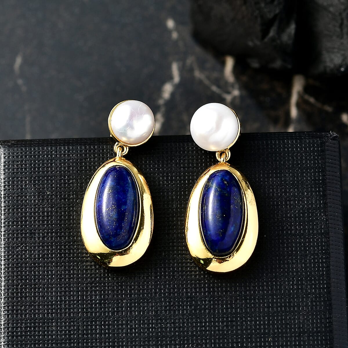 EverTrue Lapis Lazuli and Fresh Water Pearl 8.35 ctw Earrings in 18K YG Plated image number 1