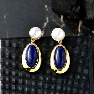 EverTrue Lapis Lazuli and Fresh Water Pearl 8.35 ctw Earrings in 18K YG Plated