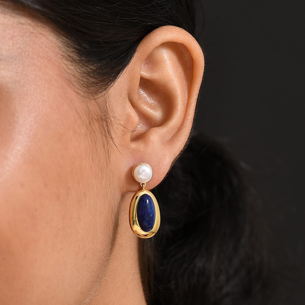 EverTrue Lapis Lazuli and Fresh Water Pearl 8.35 ctw Earrings in 18K YG Plated image number 2