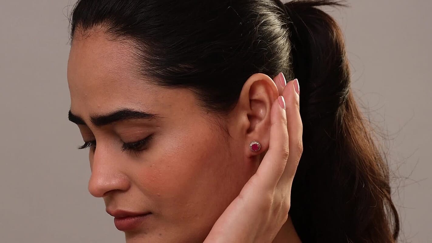 D'Joy Mozambique Ruby, Diamond (0.32 cts) Earrings Earrings in 18K Vermeil YG Over Sterling Silver 1.55 ctw