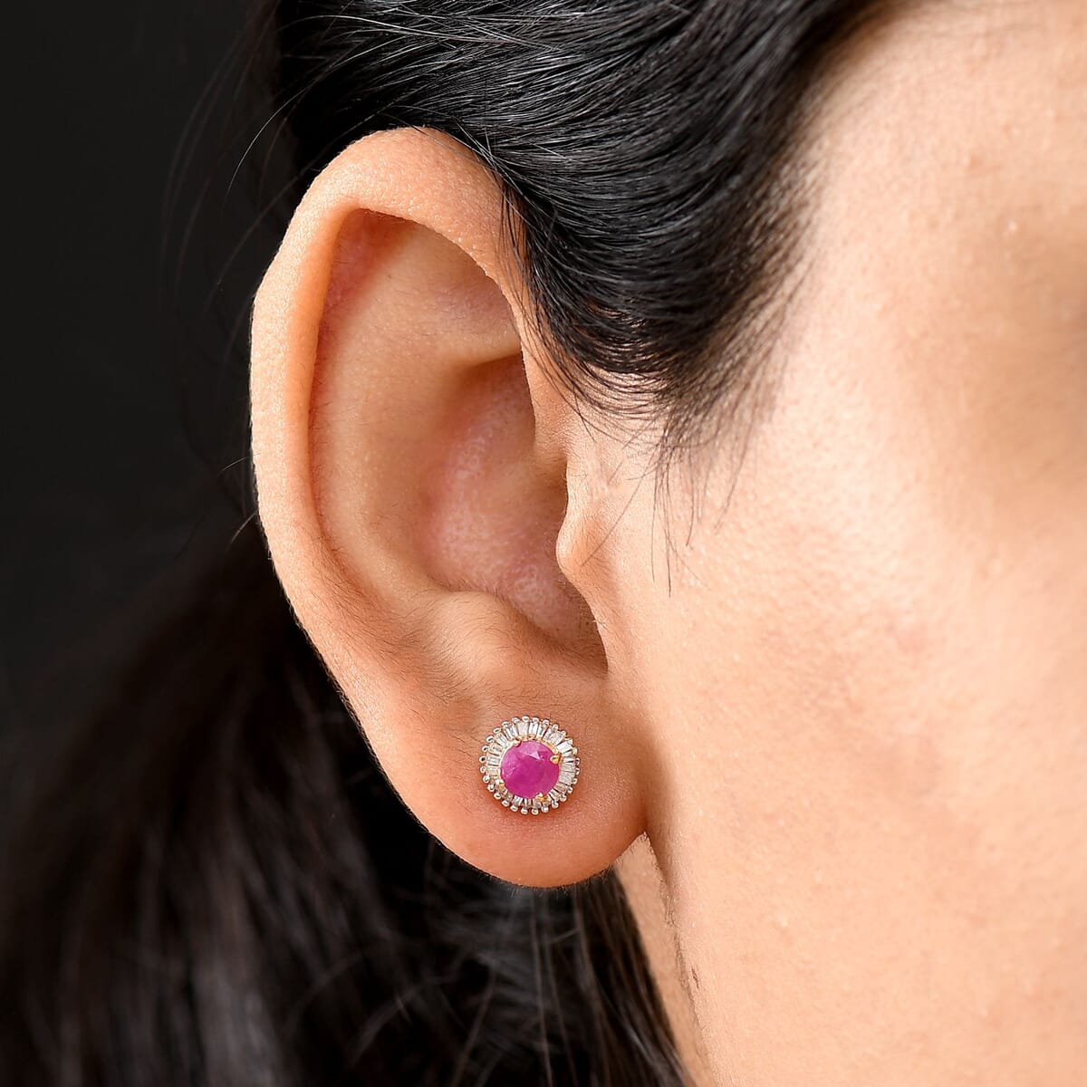 D'Joy Mozambique Ruby, Diamond (0.32 cts) Earrings Earrings in 18K Vermeil YG Over Sterling Silver 1.55 ctw image number 2