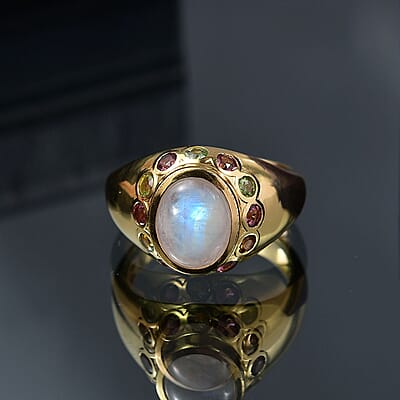 EverTrue Rainbow Moonstone and Multi-Tourmaline 3.85 ctw Ring in 18K YG Plated (Size 6.5)