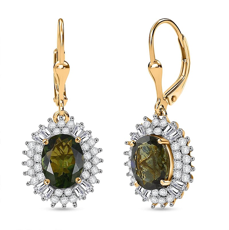 D'Joy Bohemian Moldavite and Moissanite 4.30 ctw Earrings in 18K Vermeil Yellow Gold Over Sterling Silver 