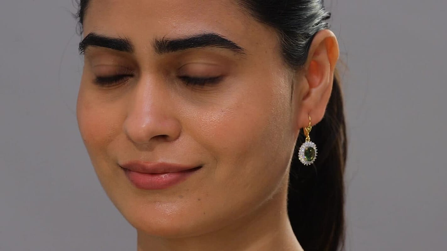 D'Joy Bohemian Moldavite and Moissanite 4.30 ctw Earrings in 18K Vermeil Yellow Gold Over Sterling Silver