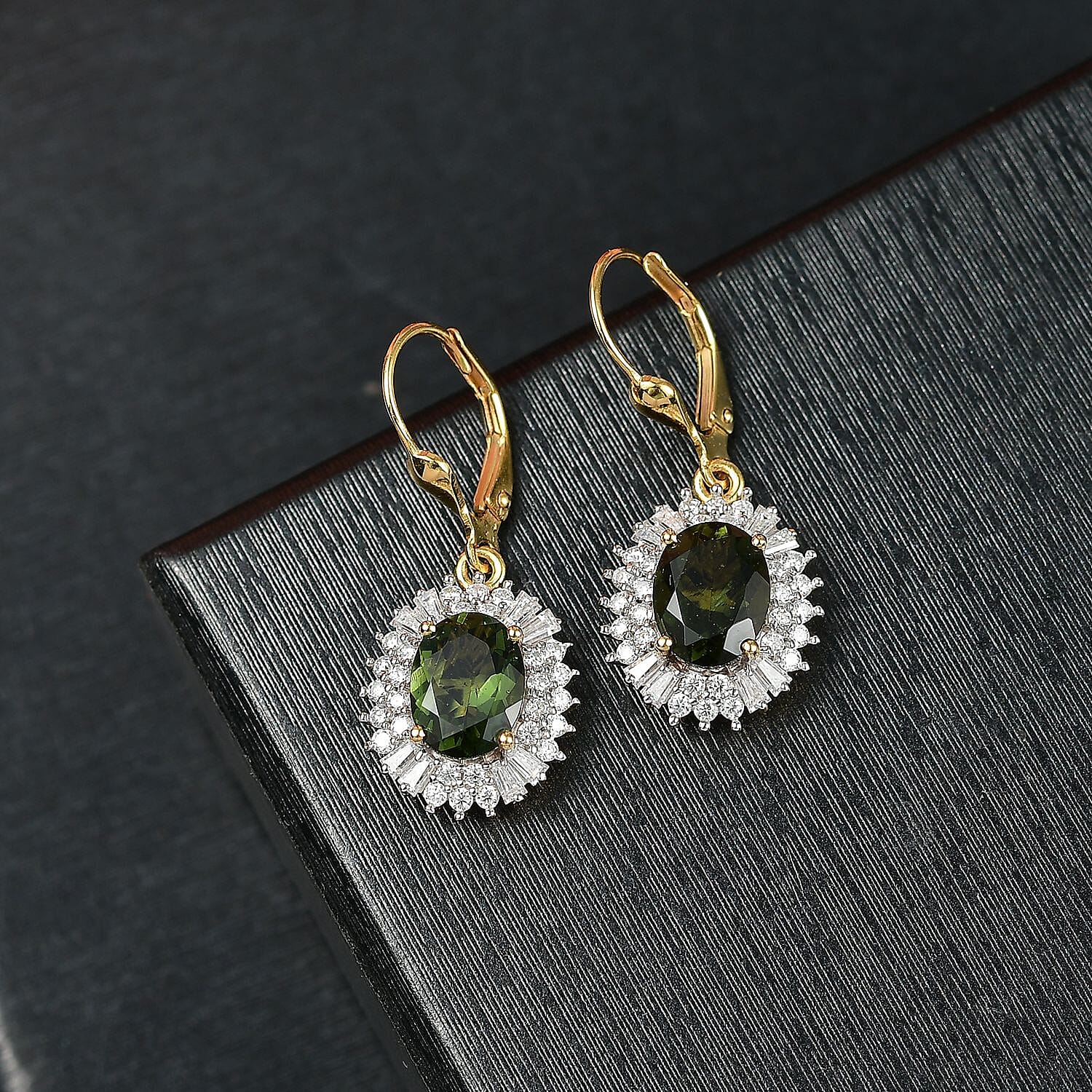 D'Joy Bohemian Moldavite and Moissanite 4.30 ctw Earrings in 18K Vermeil Yellow Gold Over Sterling Silver 