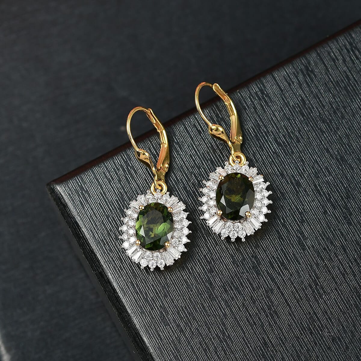 D’Joy Bohemian Moldavite and Moissanite 4.30 ctw Earrings in 18K Vermeil Yellow Gold Over Sterling Silver  image number 1