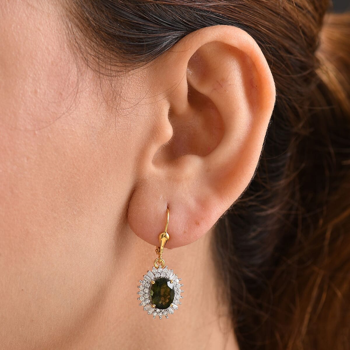D’Joy Bohemian Moldavite and Moissanite 4.30 ctw Earrings in 18K Vermeil Yellow Gold Over Sterling Silver  image number 2
