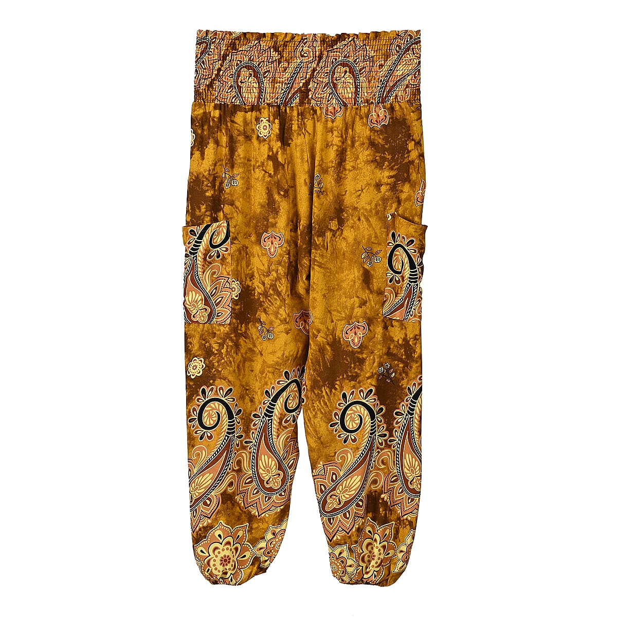 Tamsy Yellow Paisley Harem Pant with 2 Pockets - One Size Fits Most image number 1