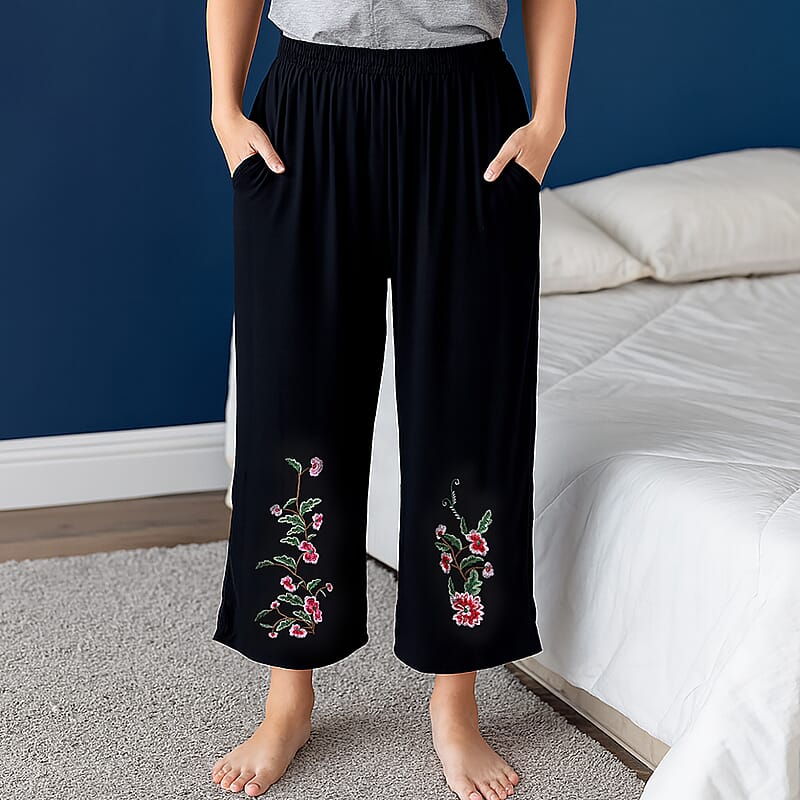 TAMSY Black Floral Embroidered Lounge Pant with Two Pockets – One Size Fits Most